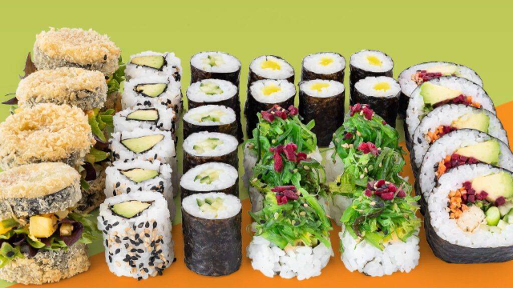 Colorful sushis on colorful background